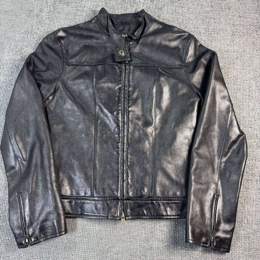 Le Chateau Leather Moto Jacket Womens Medium Black Y2K Zip Biker Stand Collar